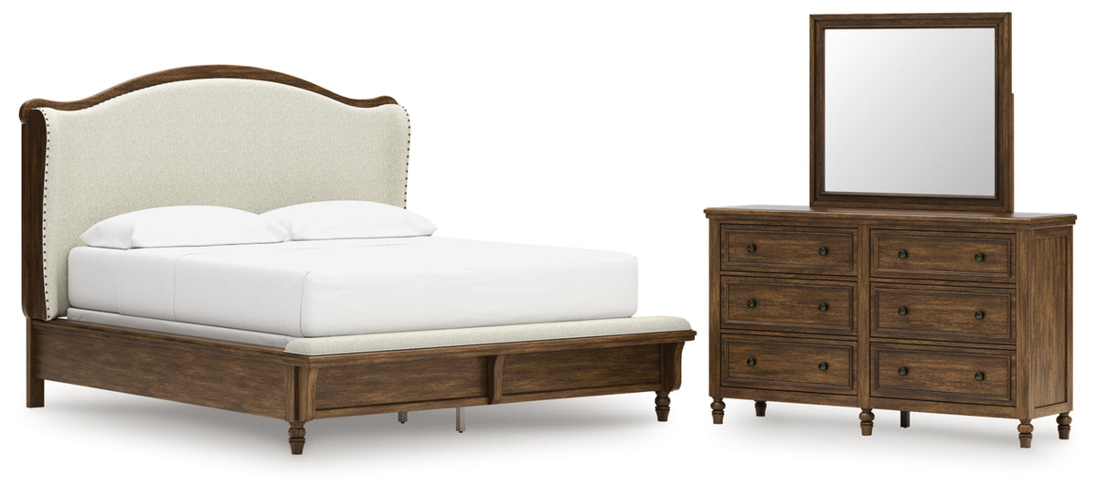 Sturlayne California King Upholstered Panel Bed, Dresser and Mirror