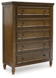 Sturlayne King Upholstered Panel Bed, Dresser, Mirror, Chest and Nightstand