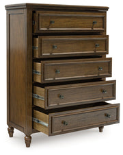 Sturlayne Queen Upholstered Panel Bed, Dresser, Mirror and Chest