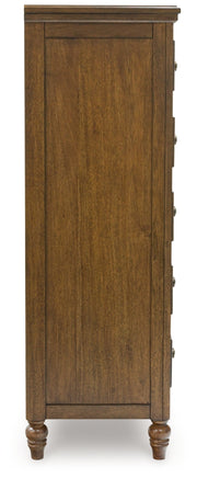 Sturlayne California King Upholstered Panel Bed, Dresser, Mirror and Chest