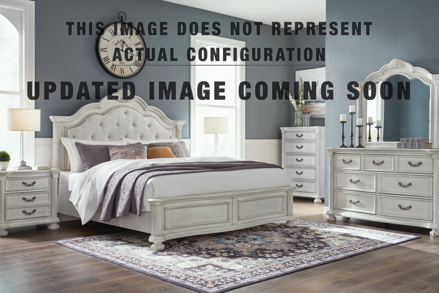 Montelaine King Upholstered Panel Bed, Dresser, Mirror and Nightstand