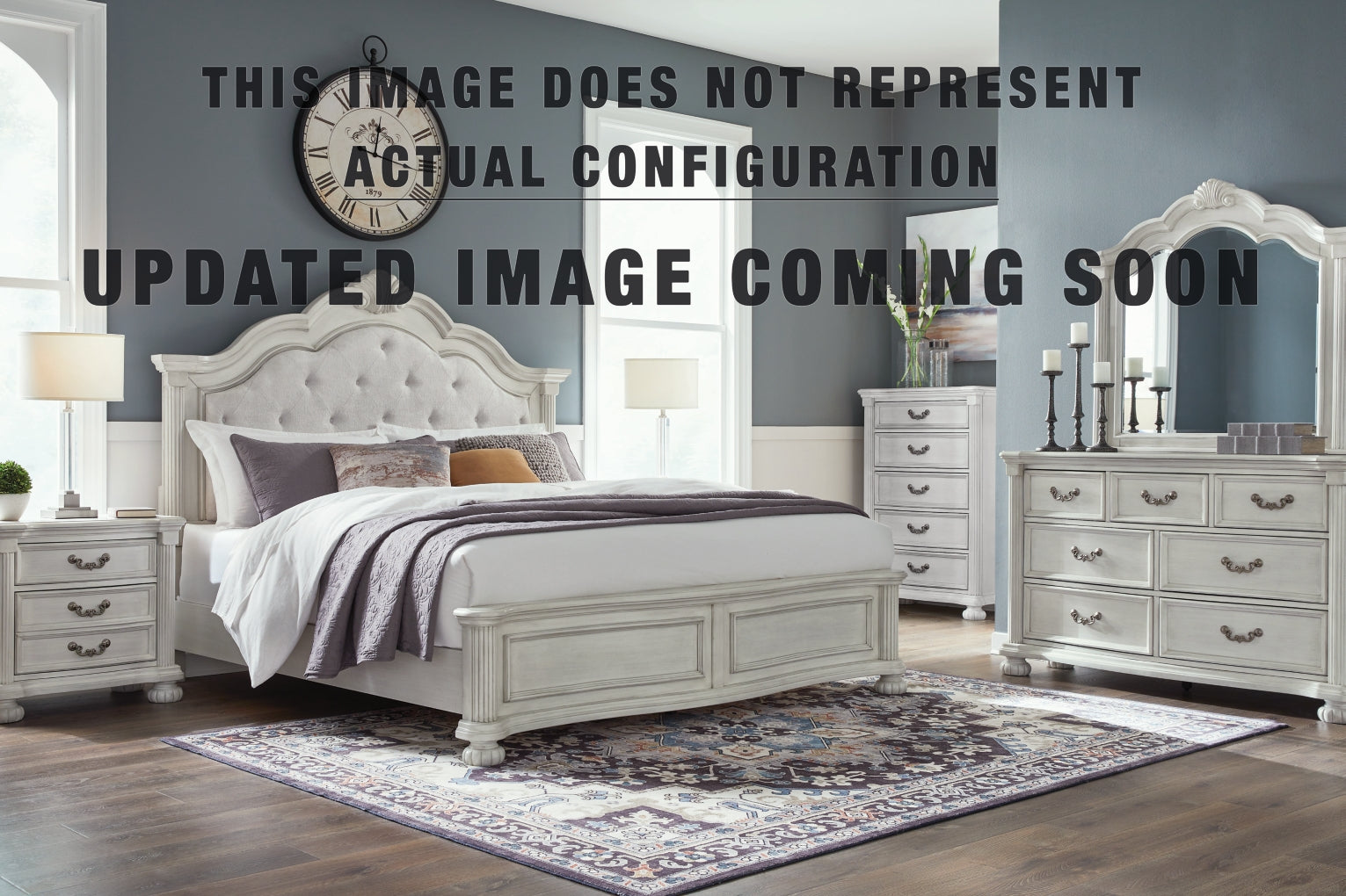 Montelaine California King Upholstered Panel Bed, Dresser, Mirror and Nightstand