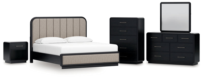 Rowanbeck King Upholstered Panel Bed, Dresser, Mirror, Chest and Nightstand