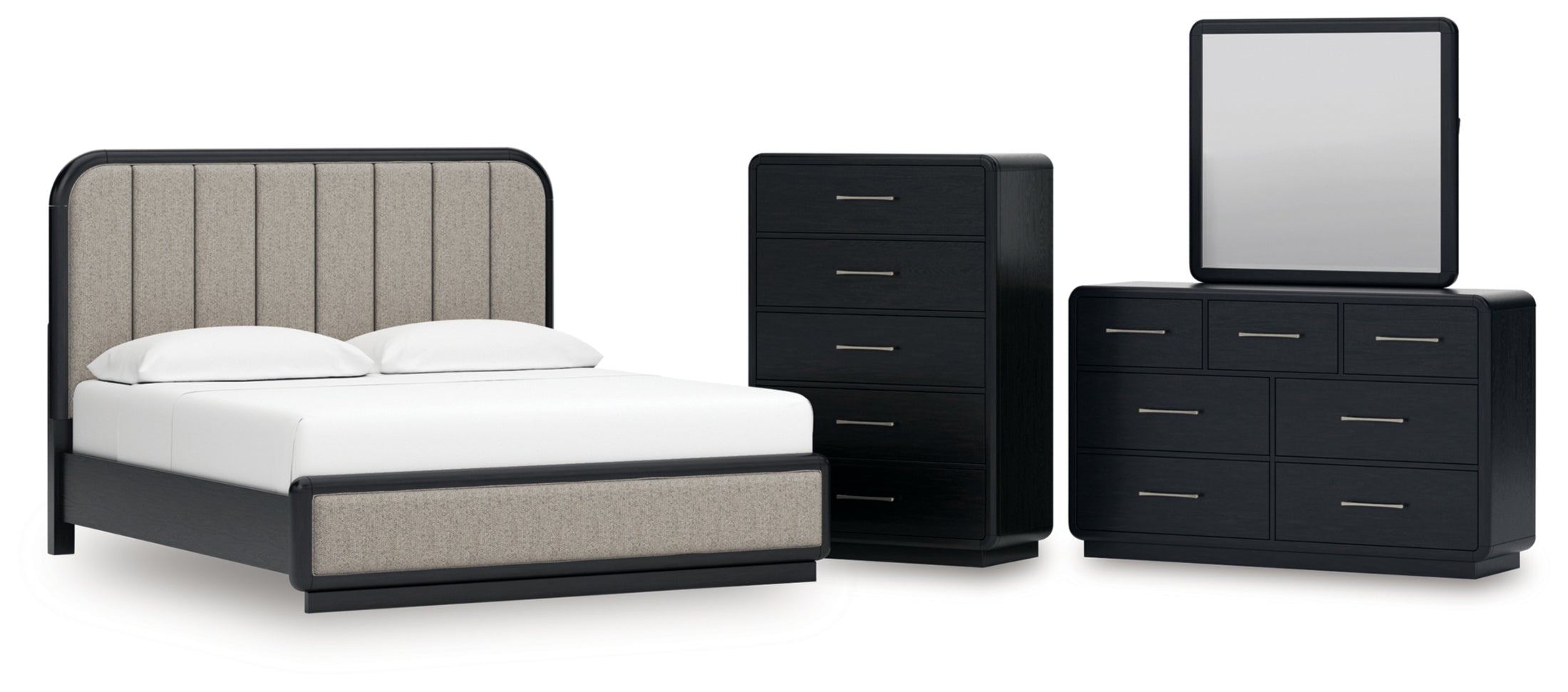Rowanbeck King Upholstered Panel Bed, Dresser, Mirror and Chest