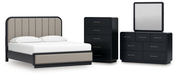 Rowanbeck King Upholstered Panel Bed, Dresser, Mirror and Chest