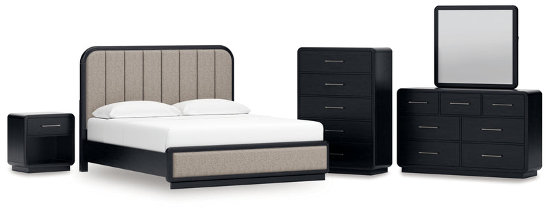 Rowanbeck California King Upholstered Panel Bed, Dresser, Mirror, Chest and Nightstand