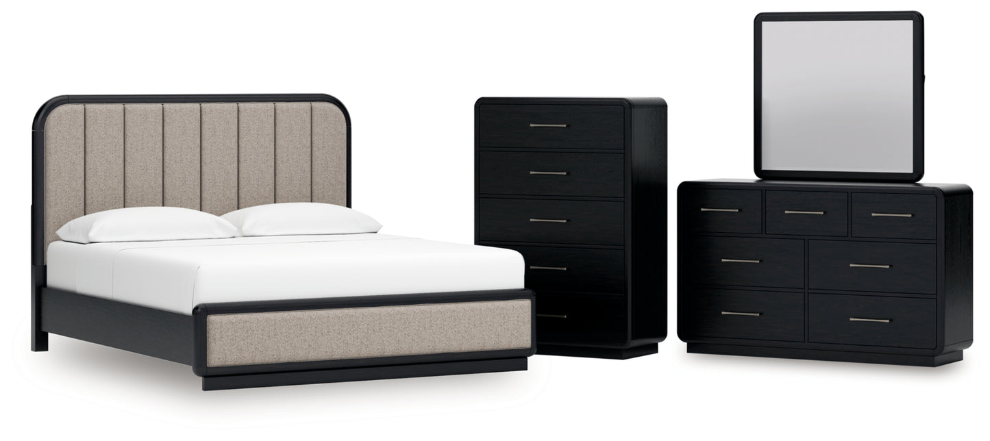 Rowanbeck California King Upholstered Panel Bed, Dresser, Mirror and Chest