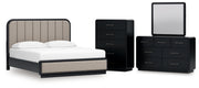 Rowanbeck California King Upholstered Panel Bed, Dresser, Mirror and Chest