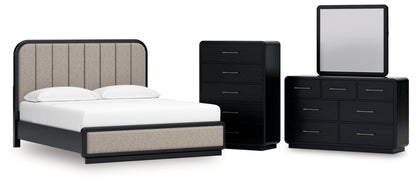 Rowanbeck California King Upholstered Panel Bed, Dresser, Mirror and Chest