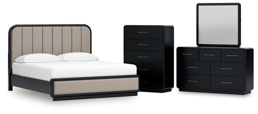 Rowanbeck California King Upholstered Panel Bed, Dresser, Mirror and Chest