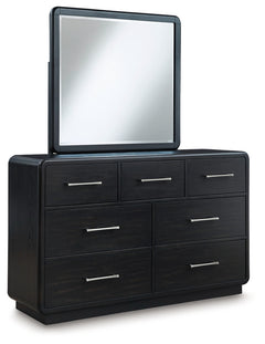 Rowanbeck King Upholstered Panel Bed, Dresser, Mirror and Chest