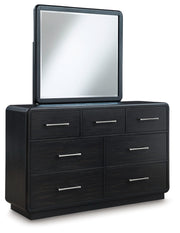Rowanbeck California King Upholstered Panel Bed, Dresser, Mirror, Chest and Nightstand