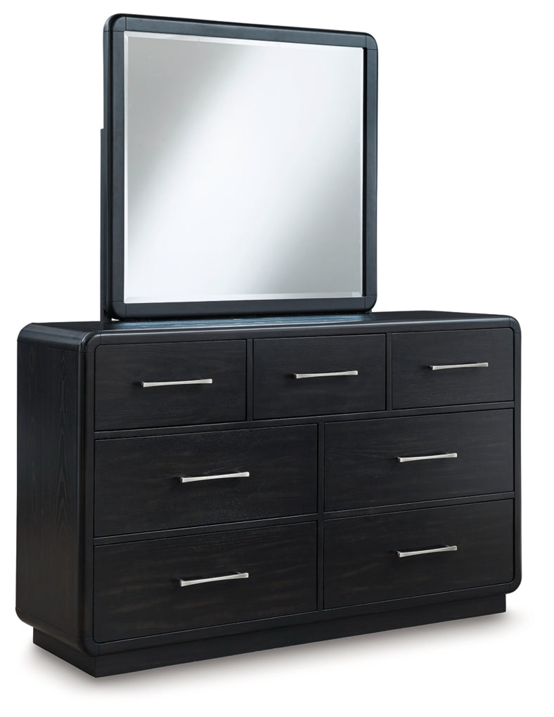 Rowanbeck California King Upholstered Panel Bed, Dresser, Mirror and Nightstand
