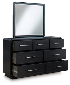 Rowanbeck King Upholstered Panel Bed, Dresser, Mirror and Chest