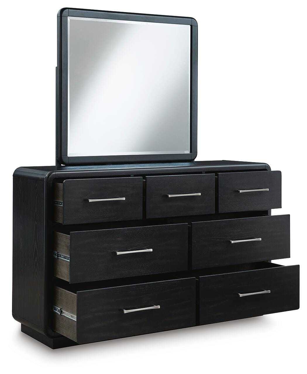 Rowanbeck Queen Upholstered Panel Bed with Mirrored Dresser and Nightstand