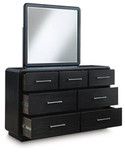 Rowanbeck Queen Upholstered Panel Bed with Mirrored Dresser and Nightstand