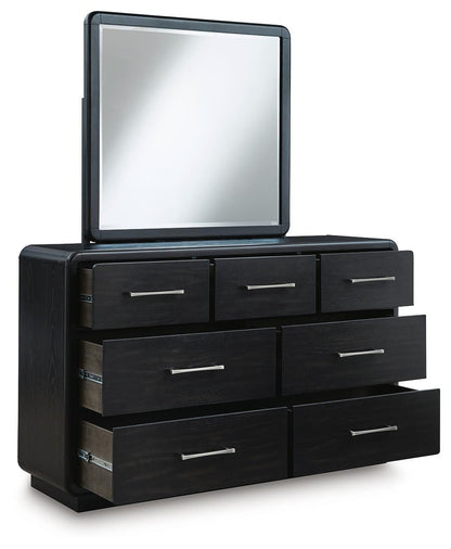 Rowanbeck Queen Upholstered Panel Bed with Mirrored Dresser and Nightstand