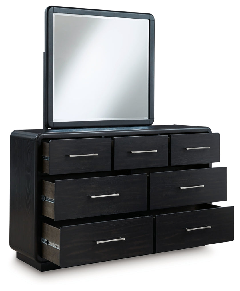 Rowanbeck California King Upholstered Panel Bed, Dresser, Mirror and Nightstand