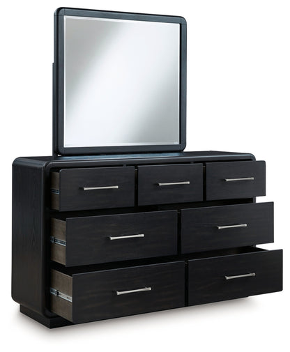 Rowanbeck California King Upholstered Panel Bed, Dresser, Mirror and Nightstand