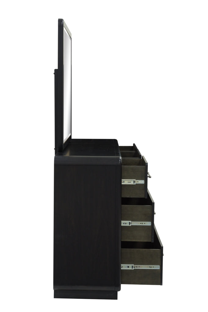 Rowanbeck King Upholstered Panel Bed, Dresser, Mirror and Nightstand