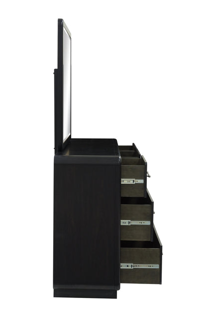 Rowanbeck King Upholstered Panel Bed, Dresser, Mirror, Chest and Nightstand