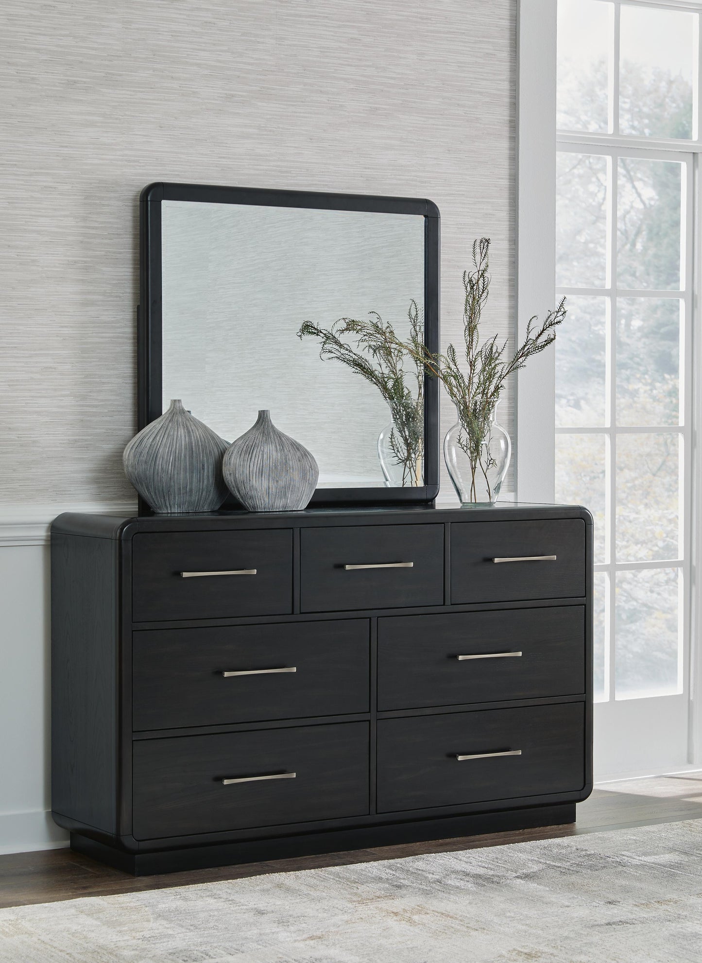 Rowanbeck King Upholstered Panel Bed, Dresser, Mirror, Chest and Nightstand