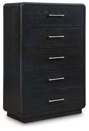 Rowanbeck King Upholstered Panel Bed, Dresser, Mirror and Chest