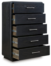Rowanbeck California King Upholstered Panel Bed, Dresser, Mirror, Chest and Nightstand