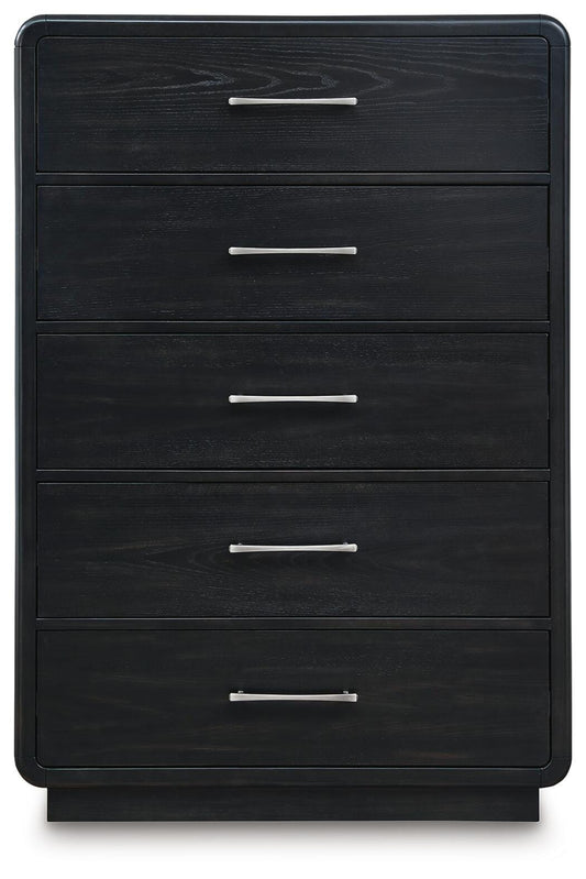 Rowanbeck King Upholstered Panel Bed, Dresser, Mirror, Chest and Nightstand