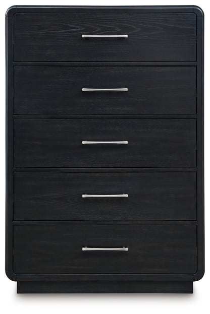 Rowanbeck Queen Upholstered Panel Bed with Mirrored Dresser and Chest