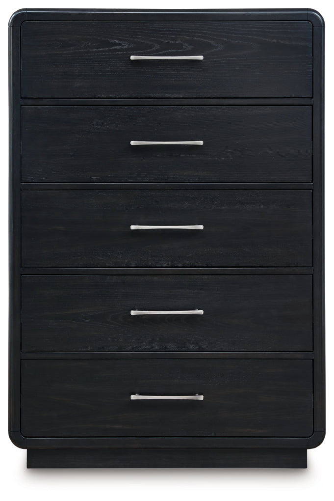 Rowanbeck King Upholstered Panel Bed, Dresser, Mirror and Chest