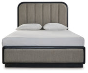 Rowanbeck Queen Upholstered Panel Bed with Mirrored Dresser and Nightstand