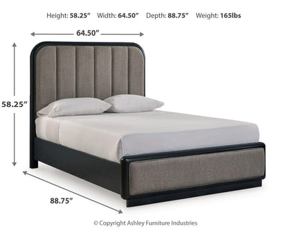 Rowanbeck Queen Upholstered Panel Bed with Mirrored Dresser and Nightstand