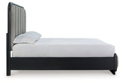 Rowanbeck Queen Upholstered Panel Bed with Mirrored Dresser and Nightstand