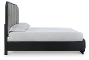 Rowanbeck Queen Upholstered Panel Bed with Mirrored Dresser and Nightstand