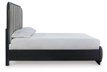 Rowanbeck Queen Upholstered Panel Bed with Mirrored Dresser and Nightstand