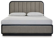 Rowanbeck King Upholstered Panel Bed, Dresser, Mirror and Nightstand