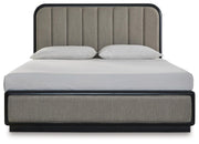 Rowanbeck King Upholstered Panel Bed, Dresser, Mirror, Chest and Nightstand