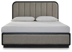 Rowanbeck King Upholstered Panel Bed, Dresser, Mirror, Chest and Nightstand