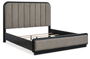 Rowanbeck King Upholstered Panel Bed, Dresser, Mirror and Nightstand