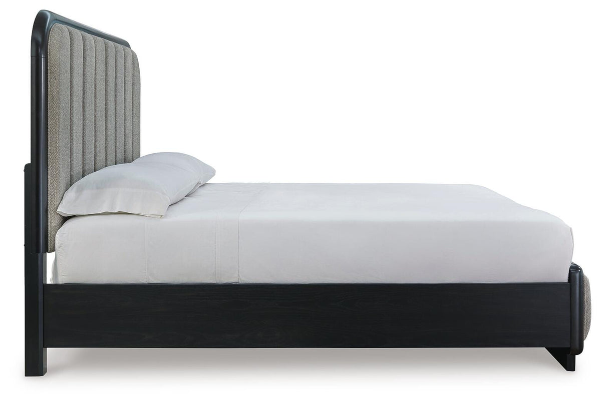 Rowanbeck King Upholstered Panel Bed, Dresser, Mirror, Chest and Nightstand