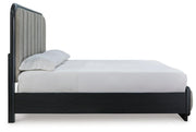 Rowanbeck King Upholstered Panel Bed, Dresser, Mirror, Chest and Nightstand