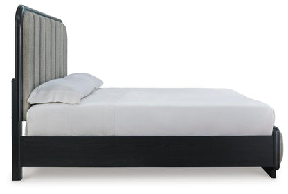 Rowanbeck King Upholstered Panel Bed, Dresser, Mirror, Chest and Nightstand
