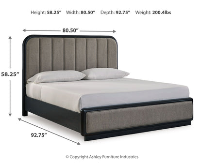 Rowanbeck California King Upholstered Panel Bed, Dresser, Mirror and Nightstand