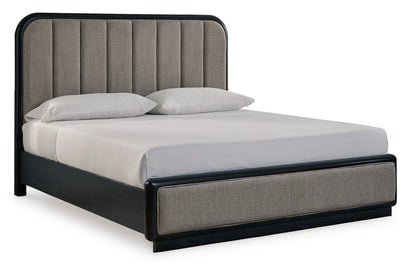 Rowanbeck California King Upholstered Panel Bed, Dresser, Mirror and Nightstand