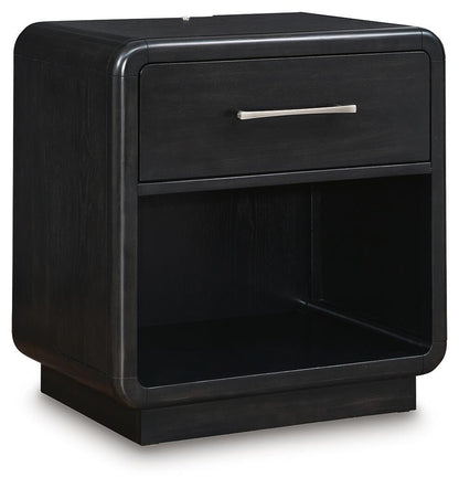 Rowanbeck King Upholstered Panel Bed, Dresser, Mirror, Chest and Nightstand