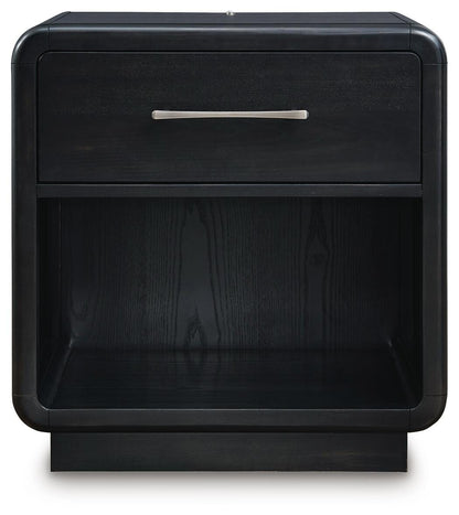 Rowanbeck King Upholstered Panel Bed, Dresser, Mirror, Chest and Nightstand