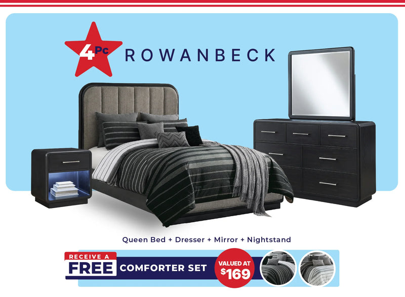 Rowanbeck Queen Upholstered Panel 4PC Bedroom Set with Comforter Kit