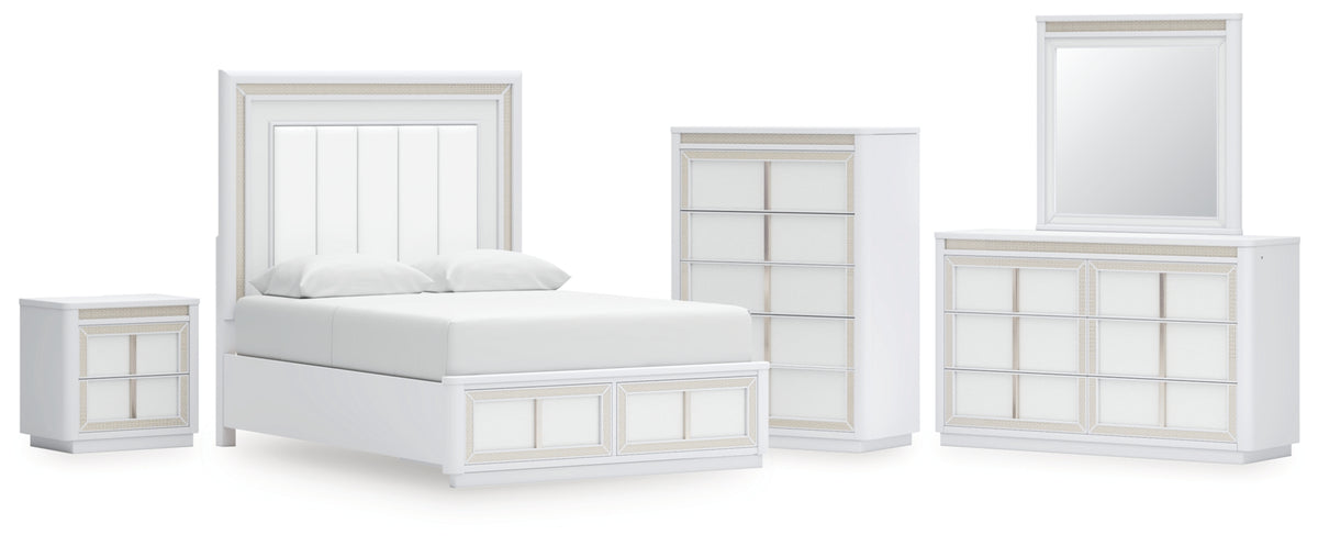Chalanna Queen Upholstered Storage Bed, Dresser, Mirror, Chest and Nightstand
