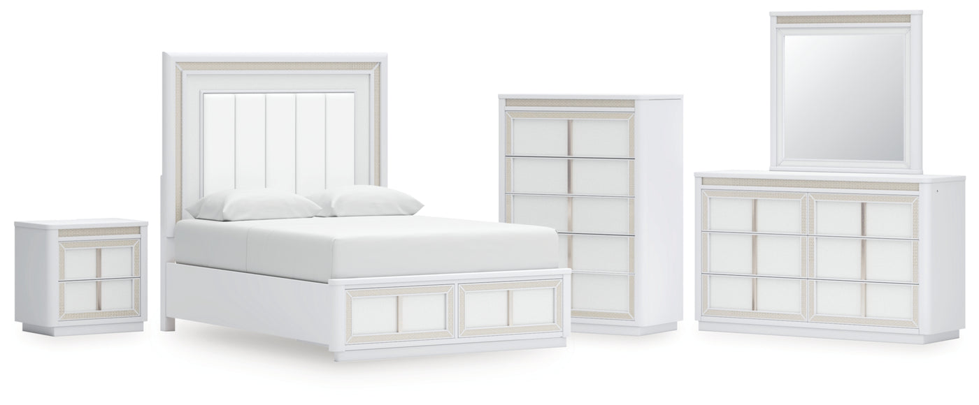 Chalanna Queen Upholstered Storage Bed, Dresser, Mirror, Chest and Nightstand